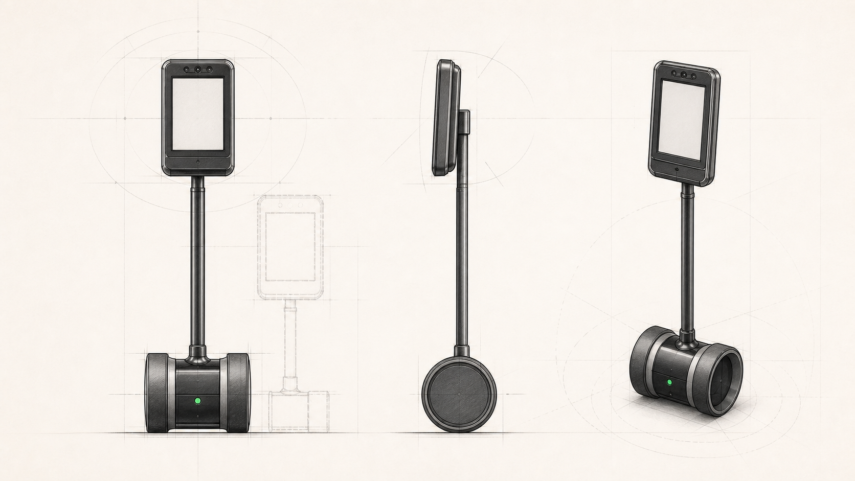 Concept technical drawing showing front, side and three-quarter views of MIRA